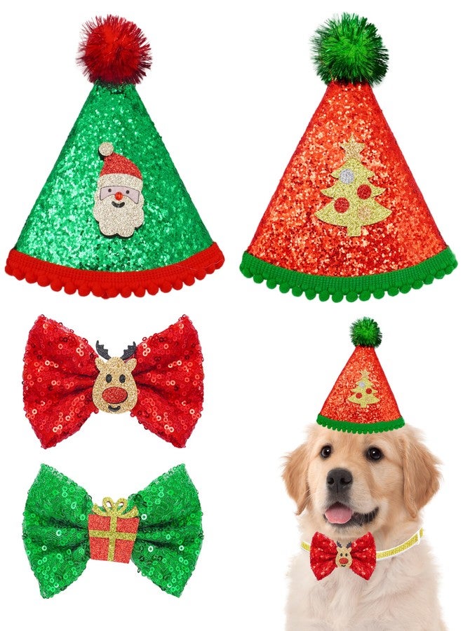 PET SHOW 4pcs Christmas Small Dogs Hats and Bowties Sets Red Green Holiday Cat Party Hat with Bow Ties Puppies Kittens Grooming Accessories Costumes (Christmas) - Image 1
